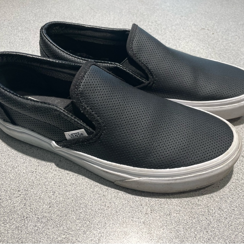 Vans Leather Sip-on Sneakers, Black, Size 8.5.
